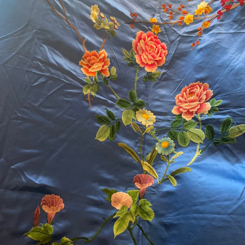 Chinese Embroidered Silk Blue Fabric Panel